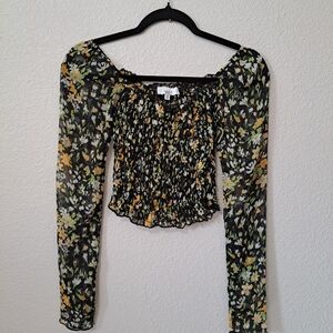 Louna Smocked Sheer Floral Long Sleeve Crop Top Size Extra Small XS Hippie Boho